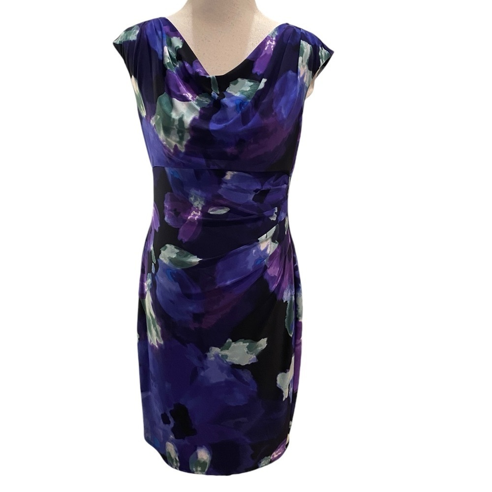 Lauren Ralph Lauren Garden Party Navy Abstract Cowl Neck Stretch Jersey Dress